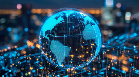 A stunning digital globe illustrating Earth with illuminated network connections. This representation showcases technology's impact on global communication and innovation.の素材