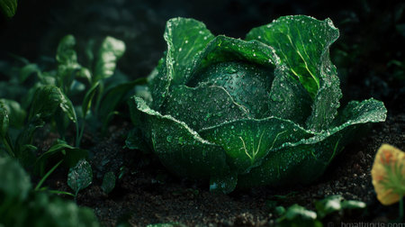 A breathtaking close-up of a fresh green cabbage adorned with water droplets, highlighting its lush leaves in a vibrant garden. Perfect for nutrition themes.の素材