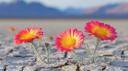 A stunning image of vibrant pink flowers growing in cracked, dry ground, showcasing natureの素材
