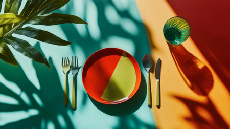 A vibrant table setting featuring a colorful plate, stylish cutlery, and a green glass, surrounded by shadows of leaves, creating an inviting and artistic dining atmosphere.の素材