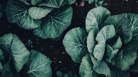 Close-up view of fresh green cabbage leaves showcasing water droplets on a rich soil surface. Perfect for nature, culinary, or organic agriculture themes.の素材
