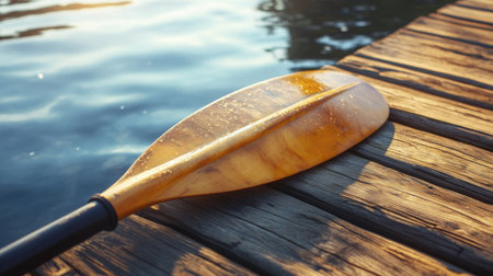 A serene image of a wooden paddle sitting on a dock adjacent to calm water at sunset, capturing the essence of relaxation and tranquility in nature.の素材