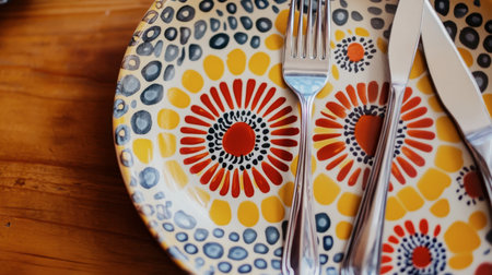 A vibrant and artistic decorative plate featuring bold patterns sits alongside a fork and knife on a rustic wooden table, perfect for evoking a cheerful dining atmosphere.の素材