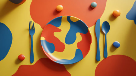 This vibrant image features a colorful table setting with an abstract patterned plate surrounded by playful utensils and decor, perfect for modern dining themes.の素材