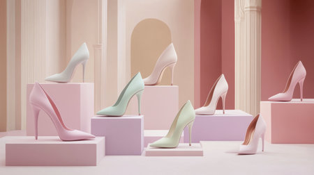 A stylish arrangement of high heels in soft pastel colors displayed on pedestals, showcasing modern footwear fashion. Perfect for style and elegance.の素材