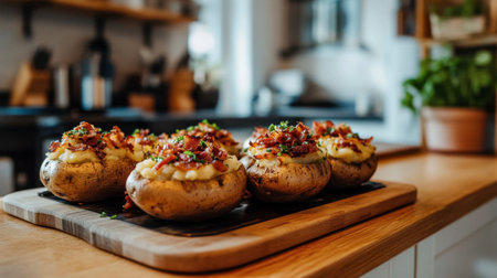 A beautiful presentation of stuffed potatoes topped with crispy bacon and fresh herbs, displayed on a wooden board in a cozy kitchen setting.の素材