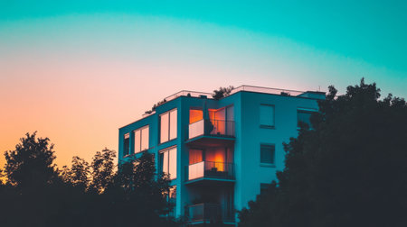 A modern apartment building stands out against a stunning sunset sky. The warm tones create a peaceful atmosphere, while greenery surrounds the structure.の素材