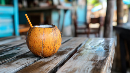 A fresh coconut drink sits on a rustic wooden table, perfect for a tropical getaway. This inviting scene captures the essence of summer and relaxation.の素材