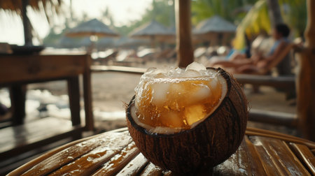 Enjoy a refreshing coconut drink filled with ice, perfect for a summer day at the beach. The serene setting invites relaxation and tranquility.の素材
