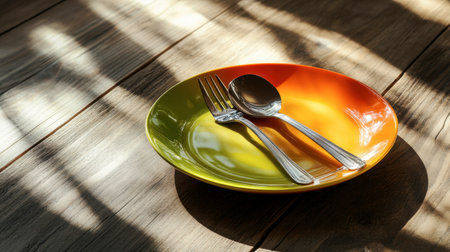 A vibrant plate in orange and yellow rest on a rustic wooden table, accompanied by a fork and spoon, capturing a serene and inviting dining atmosphere.の素材