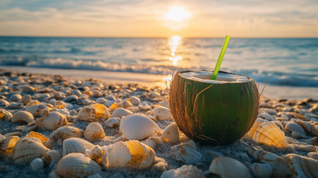 A refreshing coconut drink sits on sandy beach surrounded by seashells, with a stunning sunset illuminating the ocean in the background. Perfect for relaxation.の素材