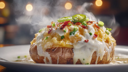 A mouthwatering baked potato topped with melted cheese, crispy bacon, and fresh green onion. The steam rising adds visual warmth and appeal. Perfect comfort food!の素材