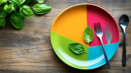 A vibrant plate with fresh basil leaves placed against a rustic wooden backdrop. Perfect for culinary presentations and food styling.の素材