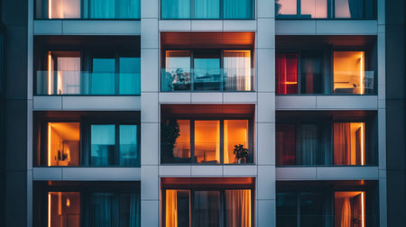 A striking view of a modern apartment building at night, showcasing illuminated windows that create a warm and inviting atmosphere. This image captures contemporary urban living.の素材
