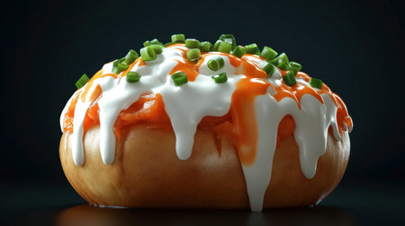 This image features a delectable savory dish topped with creamy sauce and fresh green garnish. Perfect for food-related projects and presentations.の素材