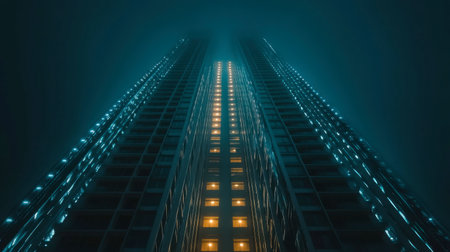 A stunning night view of a towering building shrouded in fog, illuminated by warm glowing lights. The perspective emphasizes height and mystery in an urban landscape.の素材