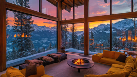 A cozy winter cabin interior featuring inviting yellow furniture, a warm fire, and breathtaking mountain views during a vibrant sunset. Perfect for relaxation.の素材