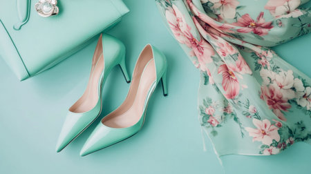 Stylish mint high heels paired with a floral scarf and matching bag, creating a chic and elegant look ideal for any fashionable occasion.の素材