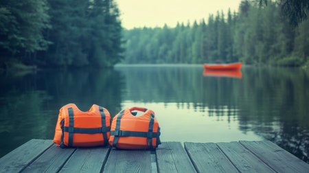 Bright orange lifejackets rest on a wooden dock by a serene lake, surrounded by lush trees. This image captures a perfect summer day for outdoor adventures.の素材
