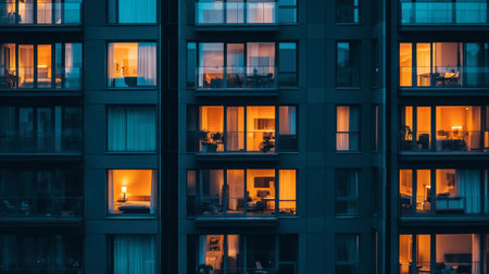 A stunning view of an urban apartment building at dusk, showcasing warmly lit windows that reveal cozy interiors. The contrast of the cityの素材