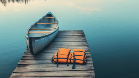 A serene image of a canoe resting on a wooden dock with bright life vests laid out. The calm water reflects the early evening light, evoking a sense of peace and adventure.の素材