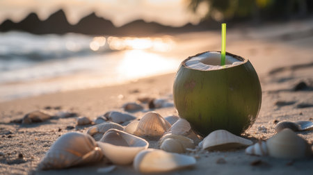 A refreshing coconut drink sits on a sandy beach, surrounded by seashells. The warm sunset creates a tranquil atmosphere, perfect for relaxation and escape.の素材