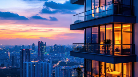 A stunning view of a modern high-rise building at sunset, showcasing a vibrant urban skyline. The glass exterior reflects the warm colors of evening light, creating a serene atmosphere.の素材