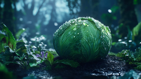 A stunning close-up of a fresh green cabbage adorned with dew drops, resting on moist soil in a tranquil forest setting, showcasing the beauty of nature.の素材