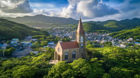 This stunning aerial photograph captures a historic church nestled among vibrant greenery and mountains, showcasing a serene landscape perfect for travel and exploration.の素材