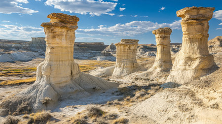 Explore these stunning rock formations in a remote landscape, showcasing unique geological features under a vibrant blue sky filled with clouds.の素材