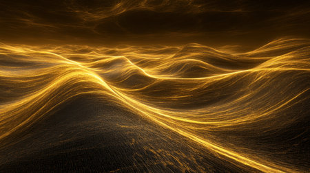 A mesmerizing digital landscape featuring flowing golden light waves. The image captures the essence of tranquility and elegance, perfect for artistic projects.の素材