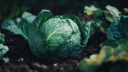 Lush and vibrant green cabbage features glistening water droplets, symbolizing freshness and vitality in an organic garden setting. Perfect for culinary themes.の素材