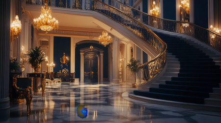 Step into this luxurious grand hall featuring an elegant staircase, intricate chandeliers, and marble flooring, exuding sophistication and timeless beauty.の素材