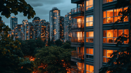 This captivating urban scene showcases a cityscape at dusk, highlighting illuminated apartment windows against a backdrop of towering buildings and lush greenery.の素材