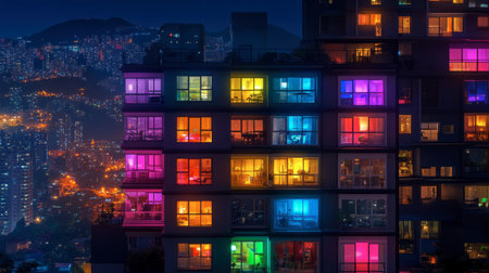 A stunning urban scene featuring a building with vibrant, colorful lights illuminating its windows at night, showcasing modern architecture and urban life.の素材