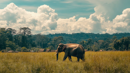 A majestic elephant walks gracefully through a lush green field under a bright sky. The scene captures a peaceful moment in nature, showcasing the beauty of wildlife.の素材