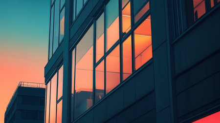 This captivating image showcases a modern glass building reflecting vibrant colors of the sunset, with a serene sky blending shades of blue and orange, creating a tranquil urban scene.の素材