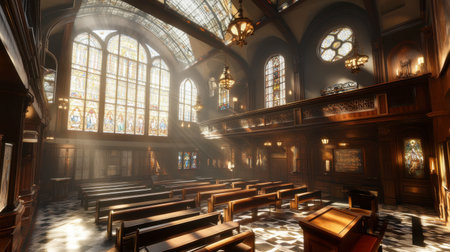 Explore the serene interior of a historic church, featuring stunning stained glass windows. Soft sunlight streams through, creating a tranquil worship space filled with warmth and beauty.の素材