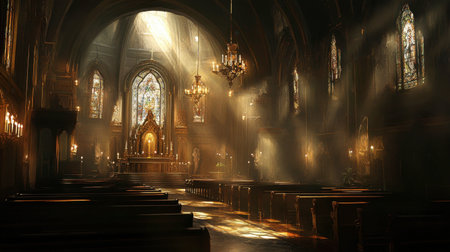 A breathtaking view inside a Gothic cathedral, featuring light streaming through stained glass windows, creating a serene and spiritual atmosphere for worship.の素材