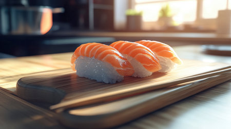 A beautifully presented salmon sushi resting on a wooden board in a bright kitchen, showcasing the fresh and colorful ingredients, perfect for food lovers.の素材