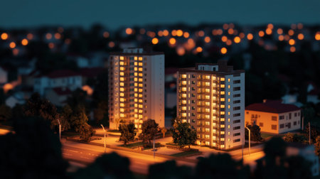 A vibrant night cityscape featuring illuminated apartment buildings surrounded by soft evening lights, creating a cozy and tranquil urban atmosphere.の素材