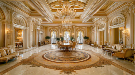 Experience the grandeur of a luxurious living room featuring exquisite decor, elegant furnishings, and stunning chandeliers illuminating the opulent space.の素材