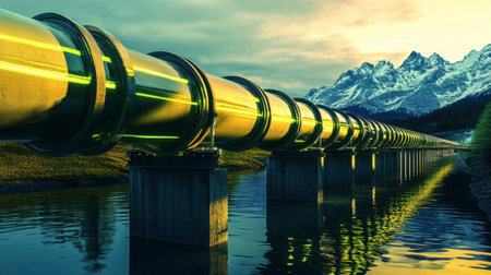 Stunning view of a modern pipeline reflecting in calm waters, set against dramatic mountains. This image captures the beauty of industrial design harmonizing with nature.の素材