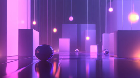 Explore a captivating abstract 3D scene featuring illuminated spheres and geometric shapes, creating a vibrant atmosphere full of modern elegance and artistic beauty.の素材