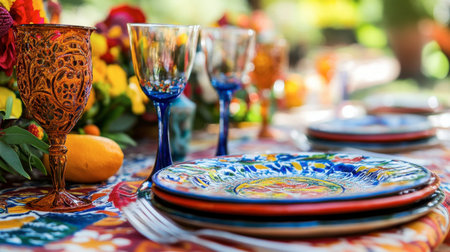 A vibrant outdoor table setting featuring colorful plates and decorative glassware, adorned with flowers, perfect for a joyful dining experience in nature.の素材