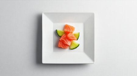 Delicate slices of fresh salmon delicately arranged with cucumber on a minimalist white plate. A perfect presentation for gourmet dining experiences.の素材