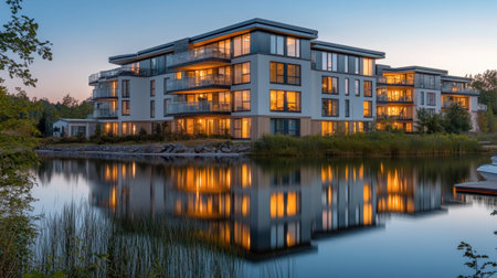 This image captures modern waterfront apartments illuminated at dusk, showcasing stunning reflections in calm water and creating a tranquil atmosphere.の素材