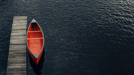A vibrant red canoe rests peacefully on the water beside a rustic wooden dock during sunset, creating a serene and tranquil outdoor scene perfect for leisure and exploration.の素材