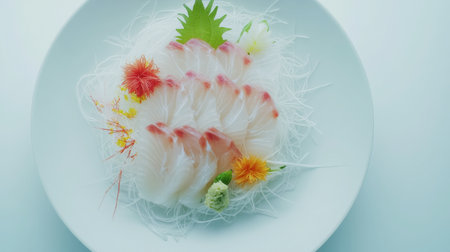 A beautifully arranged plate of fresh sashimi, showcasing delicate slices of fish adorned with vibrant garnishes and herbs for an elegant presentation.の素材