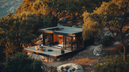 A stunning modern minimalist house nestled in a peaceful natural setting, surrounded by trees and rocks, showcasing an inviting outdoor area and serene atmosphere.の素材